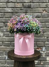 Цветочная композиция из Гипсофила и Розы в шляпной коробке в Новоукраинском