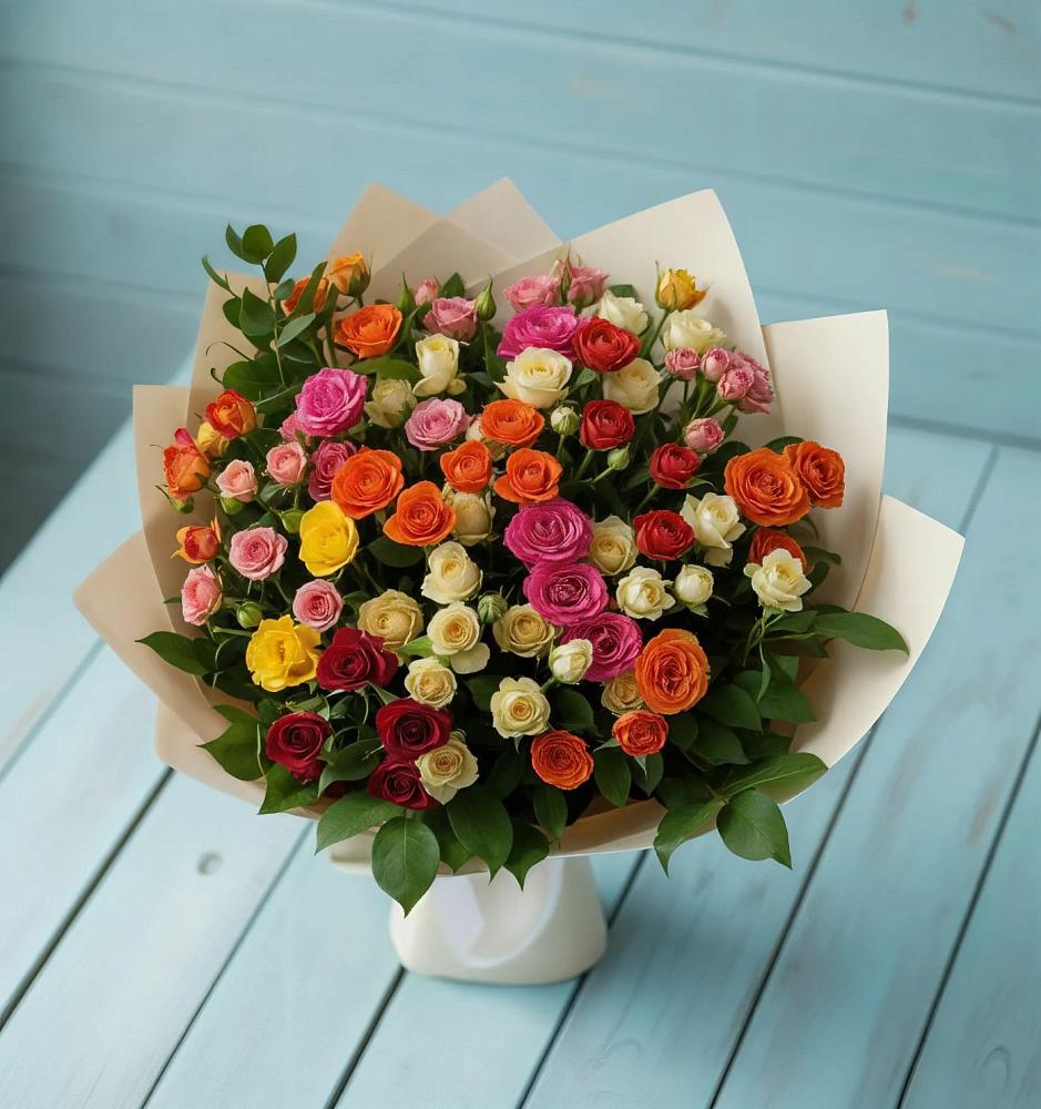 Букет Микс из разноцветных кустовых роз в Новоукраинском