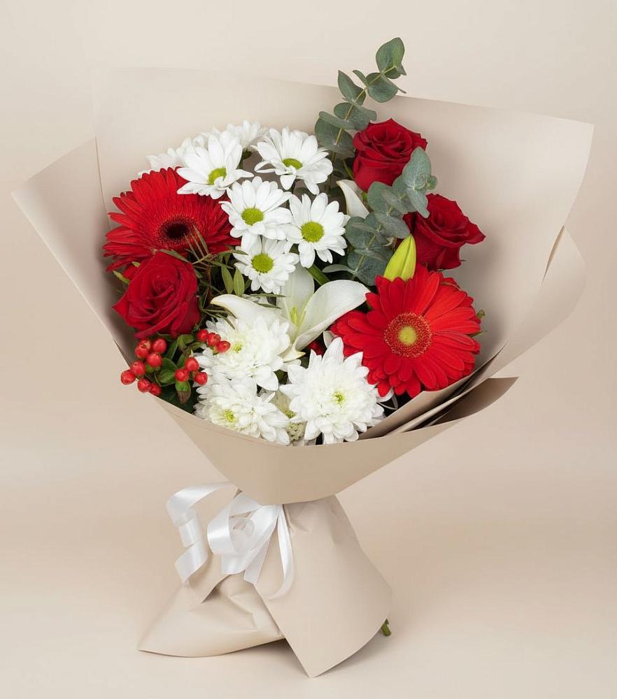 Букет цветов из: Розы, Хризантемы, Герберы и Лилии в Новоукраинском